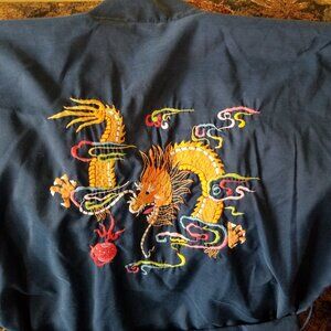 Colourful embroidery Chinese dragon & clouds, navy blue robe, S, M, vintage 80s
